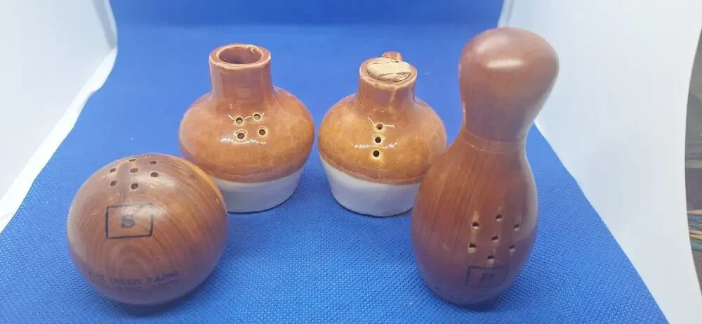 Wood Bowling Ball & Pin & Vintage Jug Salt and Pepper Shakers